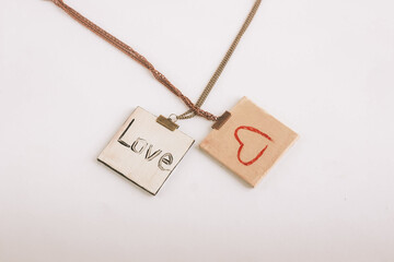 Romantic hand-painted jewelry, square necklace with heart drawing and 