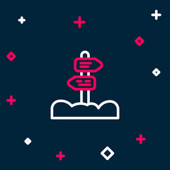 Line Road traffic sign. Signpost icon isolated on blue background. Pointer symbol. Street information sign. Direction sign. Colorful outline concept. Vector