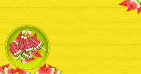 Rectangular banner with popsicles on plate and pieces watermelons. Fruit ice cream from watermelon. Fruit popsicle. Summer dessert. Watermelon day. Vector illustration on yellow wooden background.