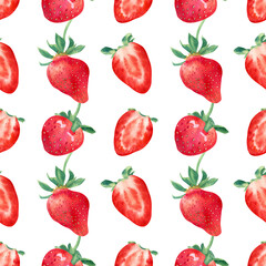 Watercolor strawberry pattern. Summer background with sweet ripe berries for textile and decor
