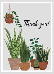 Vector greeting card with illustration of different houseplant in terrracotta pots. Varieties of green plants in ceramic pots with textured leaves. Flat illustration isolated on white background.