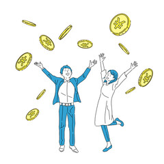 お金が降る、喜ぶ男女、儲ける、稼ぐ、コイン