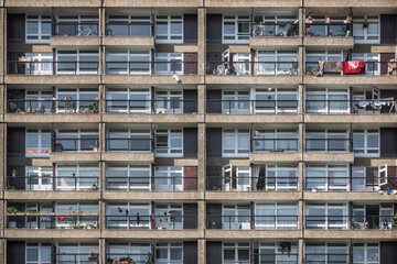 Facade of a Brutalist style tower block, Trellick Tower, in London, UK