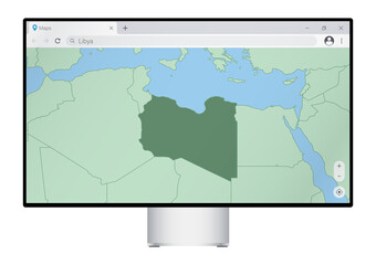 Computer monitor with map of Libya in browser, search for the country of Libya on the web mapping program.
