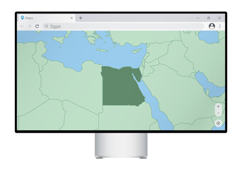 Computer monitor with map of Egypt in browser, search for the country of Egypt on the web mapping program.