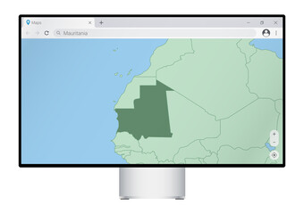 Computer monitor with map of Mauritania in browser, search for the country of Mauritania on the web mapping program.