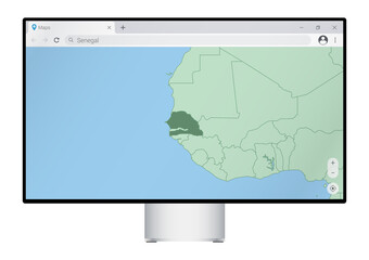 Computer monitor with map of Senegal in browser, search for the country of Senegal on the web mapping program.