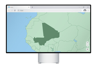 Computer monitor with map of Mali in browser, search for the country of Mali on the web mapping program.