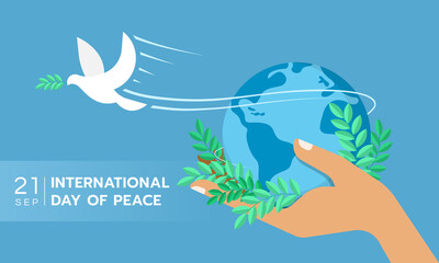 International day of peace The white peace dove flew from the hand that held the globe and the olive bouquet on blue background vector Design