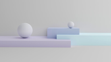 Minimal geometric interior. Vector 3d illustration. Modern studio space. Coral background. Futuristic showroom concept. Stage or podium for product exposition. Geometric cubes and spheres