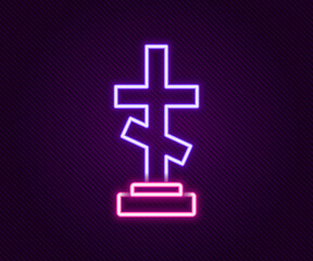Fototapeta premium Glowing neon line Grave with cross icon isolated on black background. Colorful outline concept. Vector