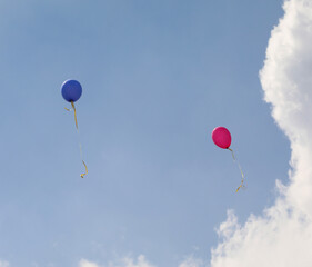 Two balloons blue and red flight in the sky