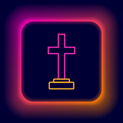 Obraz premium Glowing neon line Grave with cross icon isolated on black background. Colorful outline concept. Vector