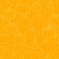 Bright autumn vector seamless pattern background with various hand drawn pumpkin in white outline on vivid yellow orange backdrop. Cute festive texture for Thanksgiving, Halloween fabriic