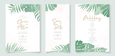 Wedding invitation design with tropical leaf ornament