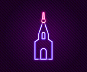Glowing neon line Church building icon isolated on black background. Christian Church. Religion of church. Colorful outline concept. Vector