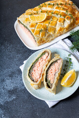 Homemade Salmon Wellington. It is made from Salmon Fish, spinach, mushrooms, spices, herbs and puff...
