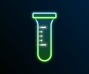 Glowing neon line Test tube and flask chemical laboratory test icon isolated on black background. Laboratory glassware sign. Colorful outline concept. Vector