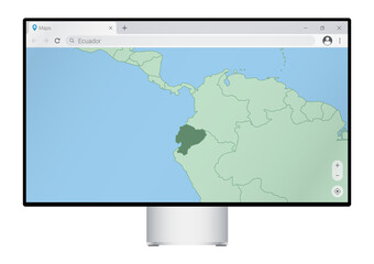 Computer monitor with map of Ecuador in browser, search for the country of Ecuador on the web mapping program.