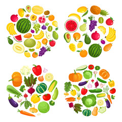 Bright vector set of colorful fresh fruit and vegetables in round.