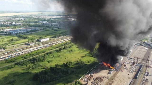 Fire in an industrial area. Filmed from a quadcopter.