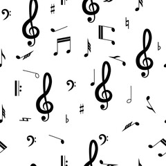 Seamless background with notes. Line drawing. Lines have different widths. Black white. Music