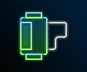 Glowing neon line Camera vintage film roll cartridge icon isolated on black background. 35mm film canister. Filmstrip photographer equipment. Colorful outline concept. Vector