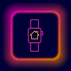 Glowing neon line Smart home with smart watch icon isolated on black background. Remote control. Colorful outline concept. Vector