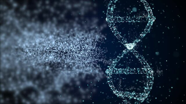 4k video of tunnel of particles and dna structure on dark background.