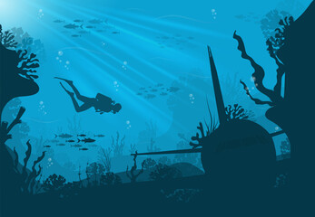 Underwater background, marine habitats, incredible species. Cartoon vector flat-style graphic template