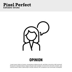 Customer feedback thin line icon. Woman with speech bubble. Review, opinion. Pixel perfect, editable stroke. Vector illustration.