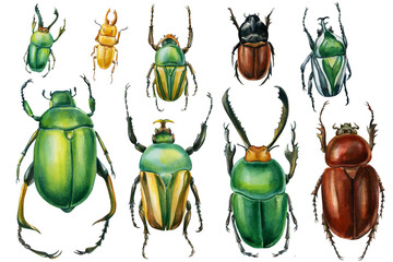Beetles on an isolated white background, watercolor illustration, green scarab beetle - obrazy, fototapety, plakaty