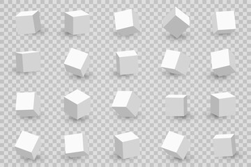 Fototapeta na wymiar 3d cubes in different perspective, angles and isometric view. White cubes or blocks with shadow isolated on background
