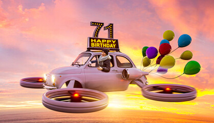 71 Jahre – Geburtstagskarte mit fliegendem Auto