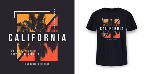 California, Los Angeles t-shirt design. T shirt print design with palm tree. T-shirt design with typography and tropical palm tree for tee print, apparel and clothing - obrazy, fototapety, plakaty