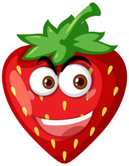 Strawberry cartoon character with happy face expression on white background