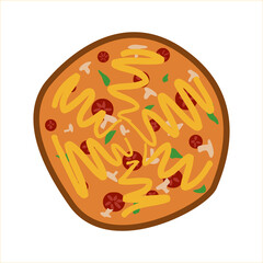  pizza with tomato, cheese, olive, sausage, onion, basil. Traditional italian fast food. flat