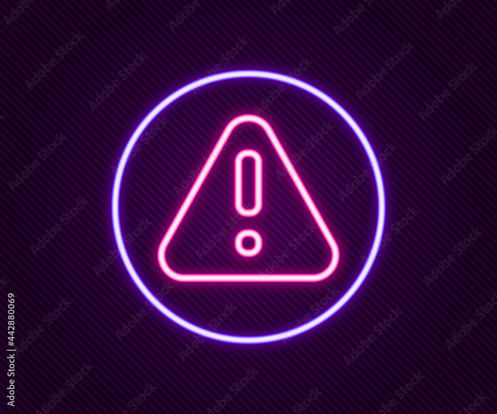 Poster glowing neon line exclamation mark in triangle icon isolated on black background. hazard warning sig