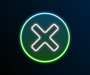 Obraz premium Glowing neon line X Mark, Cross in circle icon isolated on black background. Check cross mark icon. Colorful outline concept. Vector