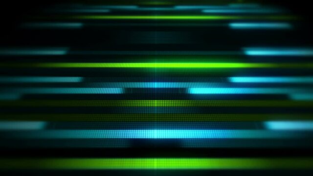 Blurred abstract led light neon glowing stripes equalizer in loop animated dynamic tech grid background 4K UHD 3D video