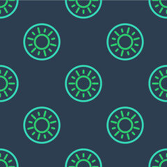 Line Sun icon isolated seamless pattern on blue background. Vector