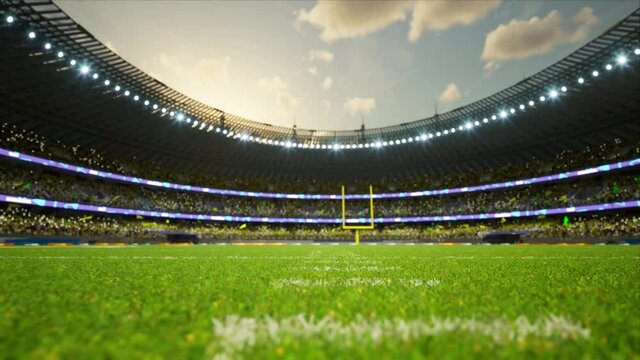 American football stadium with fans cloudy evening crowd waiting game clamping and waving flags . High quality 4k footage