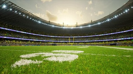 American football stadium with fans cloudy evening crowd waiting game clamping and waving flags . High quality 4k footage