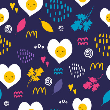 A pattern with a cute omelet in the shape of a heart. Seamless pattern with scrambled eggs for the design of fabrics, clothing, wallpaper. Kawaii with omelet. Cute set for printing in a cafe
