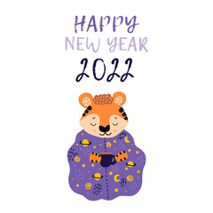 The symbol of the New Year 2022 is the tiger. Vector isolated illustration with a wild animal-a tiger sitting in a blanket with coffee. Children's print for clothes,fabrics, rooms. Happy New year.