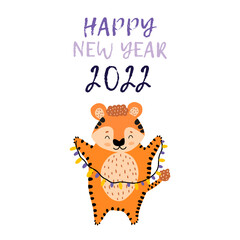 The symbol of the New Year 2022 is the tiger. Vector isolated illustration of a wild animal-a tiger with a garland. Children's print for clothes,fabrics, rooms.Flat doodle style. A cartoon character.