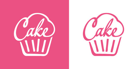 Logotipo con palabra Cake en caligrafía con forma de magdalena con lineas en fondo rosa y fondo blanco