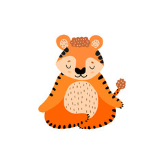 The symbol of the new year 2022 is a tiger. Registration of children's holidays. A animal for printing on children's clothing. Flat doodle style. Hand drawn. The tiger meditates in the lotus position.