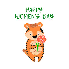 Happy Women's day. The symbol of the new year 2022 is a tiger. Cute tiger with spring flowers. A wild animal for printing on children's clothing. Baby shower. Doodle style. Hand-drawn.