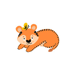 The symbol of the new year 2022 is a tiger. Registration of children's holidays . A wild animal for printing on children's clothing. Flat doodle style. Hand drawn. Tiger with a butterfly.